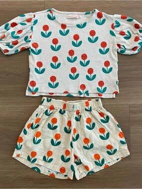 Tinycottons Orange Floral Puff Sleeve Top & Shorts Set Girl’s Size 6Y